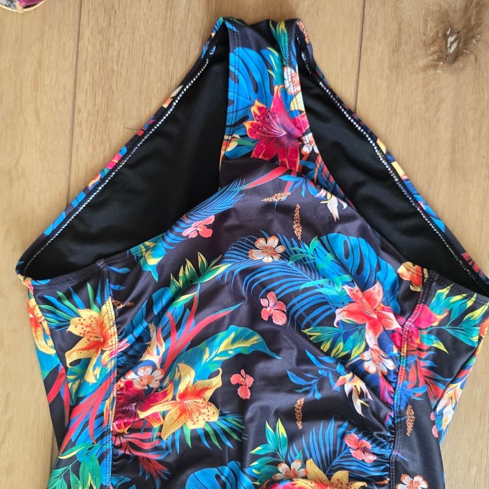Tempt Me Size M Black Blue Floral Ruched Slimming Suit One Piece Tummy Control - Picture 4 of 7